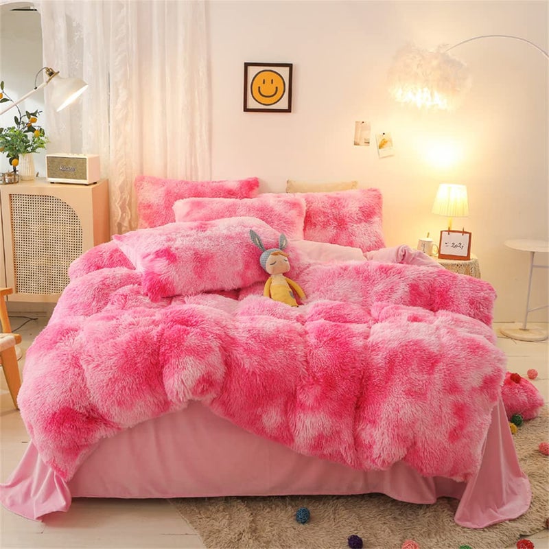 chovy Faux Fur TieDyed Pink White Red Colorful Comforter Sets Queen  3PC Bed Set Ultra Soft Plush Flannel Velvet Fluffy Fuzzy BeddingComforter x 1 Pillowcases x 2