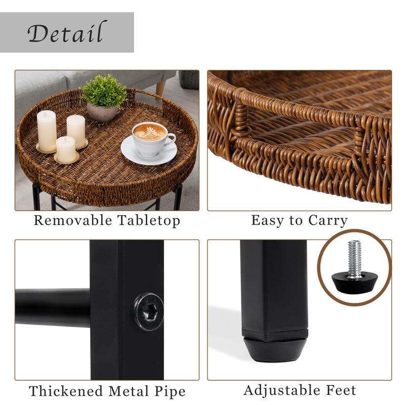 DINGTAI Brown Small Round End Table, 19in Rattan End Tables, Wicker Rattan Side Table, Round Sofa Side Table, Indoor Outdoor Side Tables for Patio, Living Room Bedroom Office - Image 3