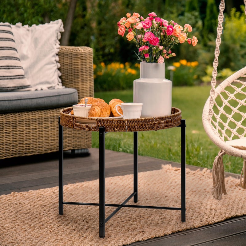 DINGTAI Brown Small Round End Table, 19in Rattan End Tables, Wicker Rattan Side Table, Round Sofa Side Table, Indoor Outdoor Side Tables for Patio, Living Room Bedroom Office - Image 2