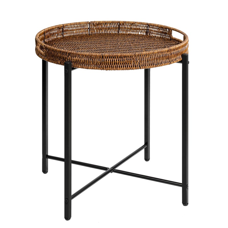 DINGTAI Brown Small Round End Table, 19in Rattan End Tables, Wicker Rattan Side Table, Round Sofa Side Table, Indoor Outdoor Side Tables for Patio, Living Room Bedroom Office - Image 1