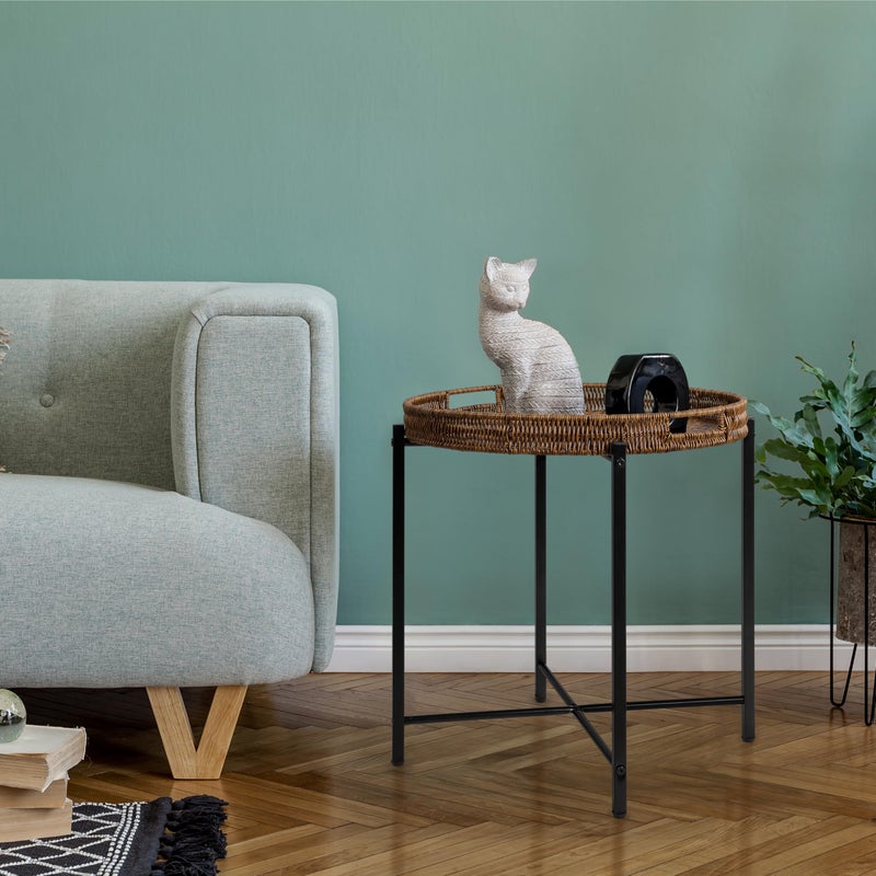 DINGTAI Brown Small Round End Table, 19in Rattan End Tables, Wicker Rattan Side Table, Round Sofa Side Table, Indoor Outdoor Side Tables for Patio, Living Room Bedroom Office - Image 5