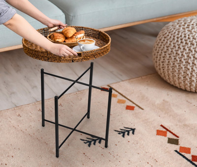 DINGTAI Brown Small Round End Table, 19in Rattan End Tables, Wicker Rattan Side Table, Round Sofa Side Table, Indoor Outdoor Side Tables for Patio, Living Room Bedroom Office - Image 4