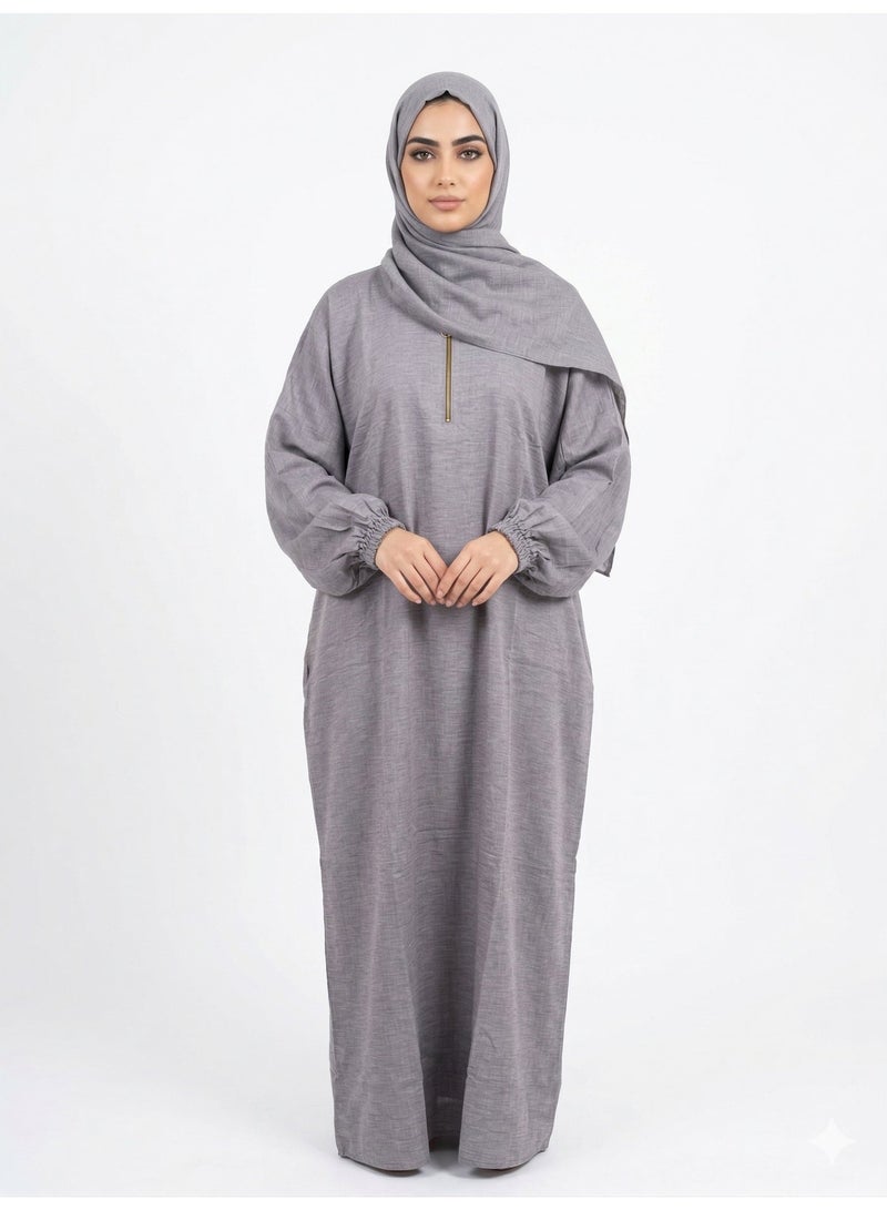 مزايا شرشف صلاة نسائي من الكتان البارد واسع محتشم بسحاب أمامي رمادي - Image 1
