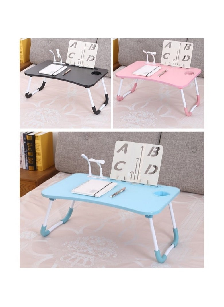 Portable Folding Laptop Table with iPad Holder, Built-in Fan, LED Light, and Cup Holder - Multi-Functional Bed & Study Table (28x60x40cm)