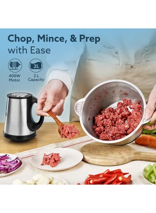 AGARO Delite Vegetable & Meat Chopper for Kitchen, Garlic Peeler, Egg Whisker, 2L Bowl, 400W Motor, 3 Speed Settings, Meat Grinder, Vegetable Mixer, Stainless Steel Body, Onion, Garlic, Fruits. - Image 2