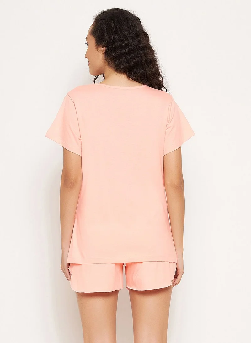 Clovia  Clovia Leo Print Top And Shorts Set In Salmon Pink - 100% Cotton  | Best Price UAE