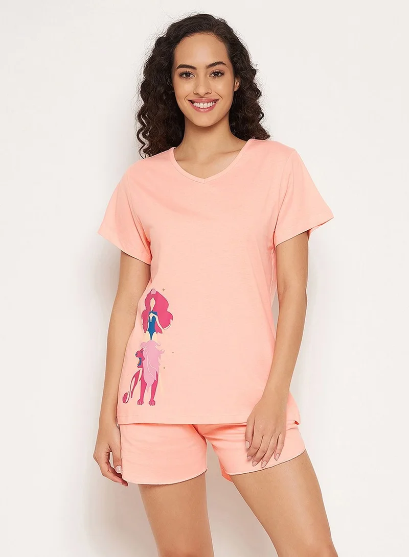 كلوفيا Clovia Leo Print Top And Shorts Set In Salmon Pink - 100% Cotton