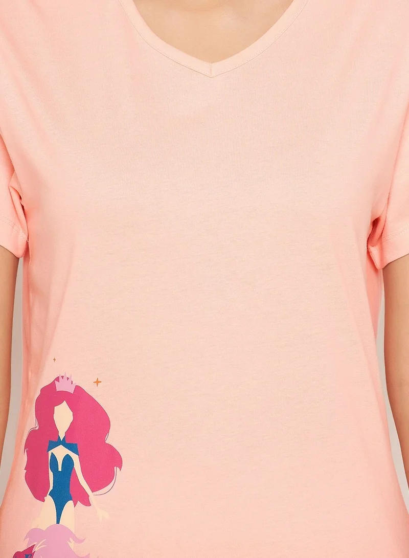 Clovia  Clovia Leo Print Top And Shorts Set In Salmon Pink - 100% Cotton  | Best Price UAE