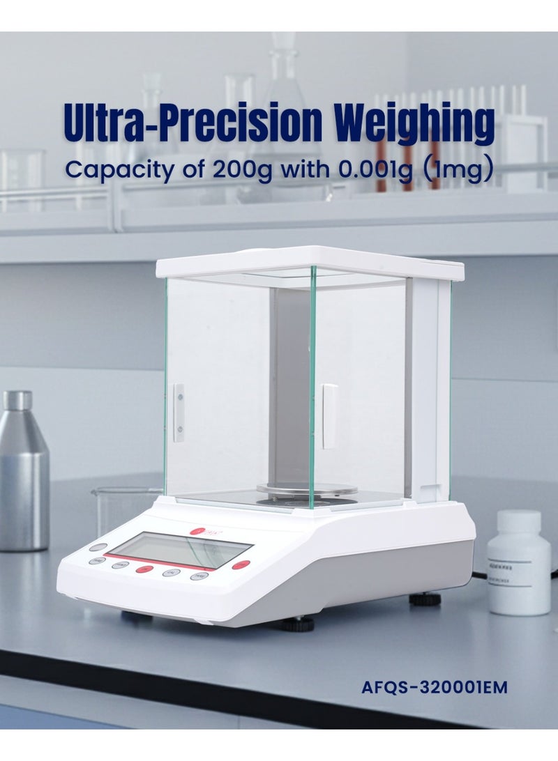 عفرا ميزان تحليلي AFQS-220001EM - ميزان مختبري رقمي عالي الدقة بسعة 200 جرام، بدقة 0.001 جرام مع زجاج أمامي مضاد للكهرباء الساكنة، ومستشعر كهرومغناطيسي، ومعايرة خارجية وبطارية قابلة لإعادة الشحن - Image 4