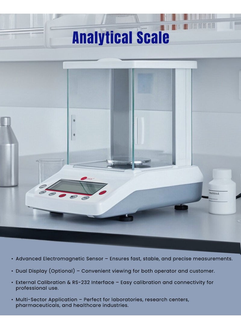 عفرا ميزان تحليلي AFQS-220001EM - ميزان مختبري رقمي عالي الدقة بسعة 200 جرام، بدقة 0.001 جرام مع زجاج أمامي مضاد للكهرباء الساكنة، ومستشعر كهرومغناطيسي، ومعايرة خارجية وبطارية قابلة لإعادة الشحن - Image 3
