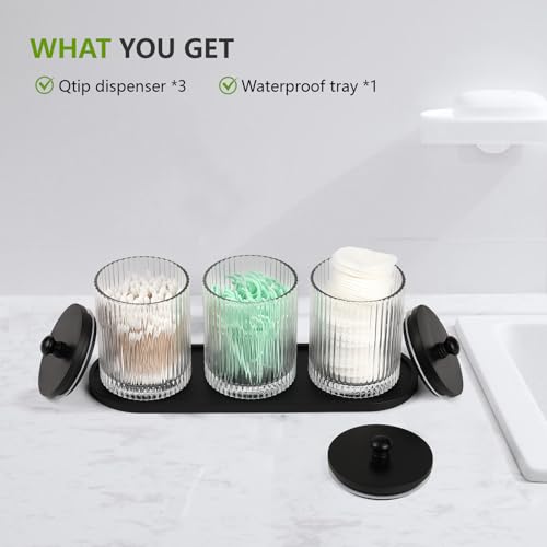 eggs sound 3 Pack Qtip Holder - Bathroom Organizers and Storage, Cotton Round Holder Floss Pick Cotton Ball Swab Holder with Tray, Glass Apothecary Jars with Lids Container Set -sw clear b - Image 2