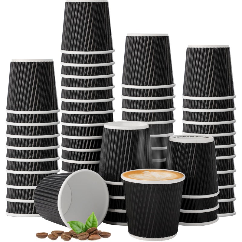 Tinsky 200 Pcs 4oz Paper Espresso Cups Ripple Wall Hot Cups For Coffee Disposable Coffee Cup Paper Hot/Cold Drinking Cups for Party  Picnic  Travel and Events (Black) - Image 1