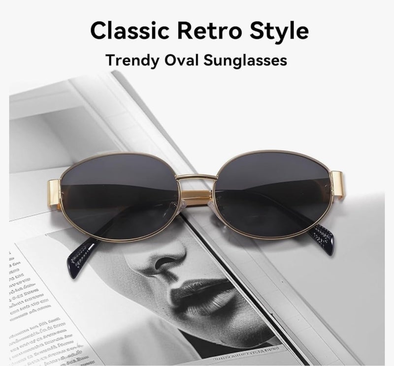 IFLASH Retro Oval Sunglasses For Women & Men | Trending, Stylish & Durable Metal Frame Vintage 90S UV Protected Sunglasses With UV 400 Protection Lenses (GOLD BLACK) - Image 3