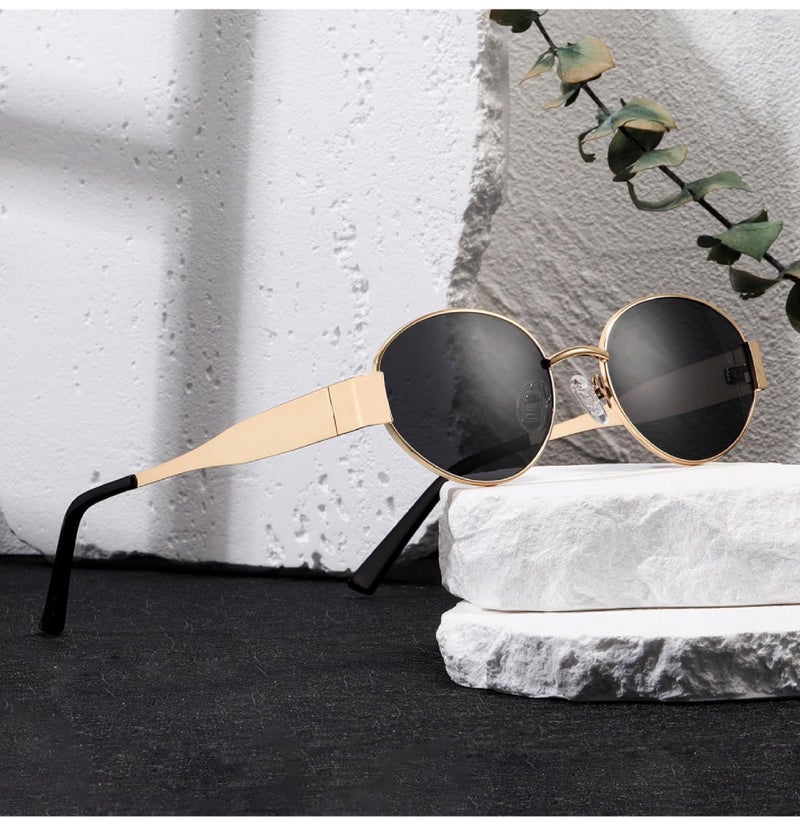 IFLASH Retro Oval Sunglasses For Women & Men | Trending, Stylish & Durable Metal Frame Vintage 90S UV Protected Sunglasses With UV 400 Protection Lenses (GOLD BLACK) - Image 4