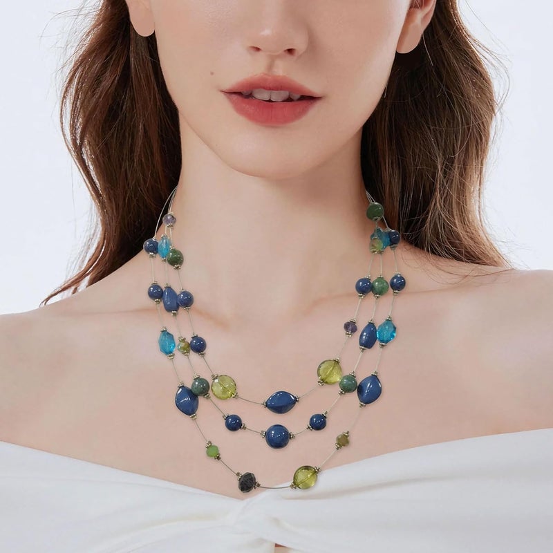 Coiris 3 Layers Illusion Wire Beaded Statement 19.5" Necklace for Women - Image 2