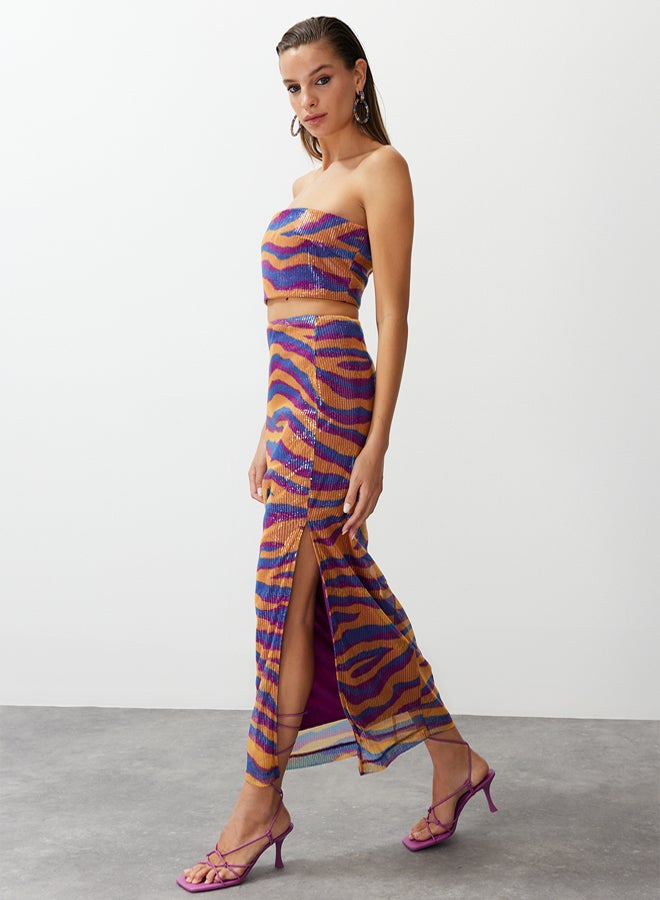 trendyol Multicolored Patterned, Fitted, Lined, Shiny Sequined Knitted Sequin Skirt  - Image 3