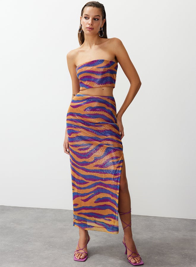 trendyol Multicolored Patterned, Fitted, Lined, Shiny Sequined Knitted Sequin Skirt  - Image 1