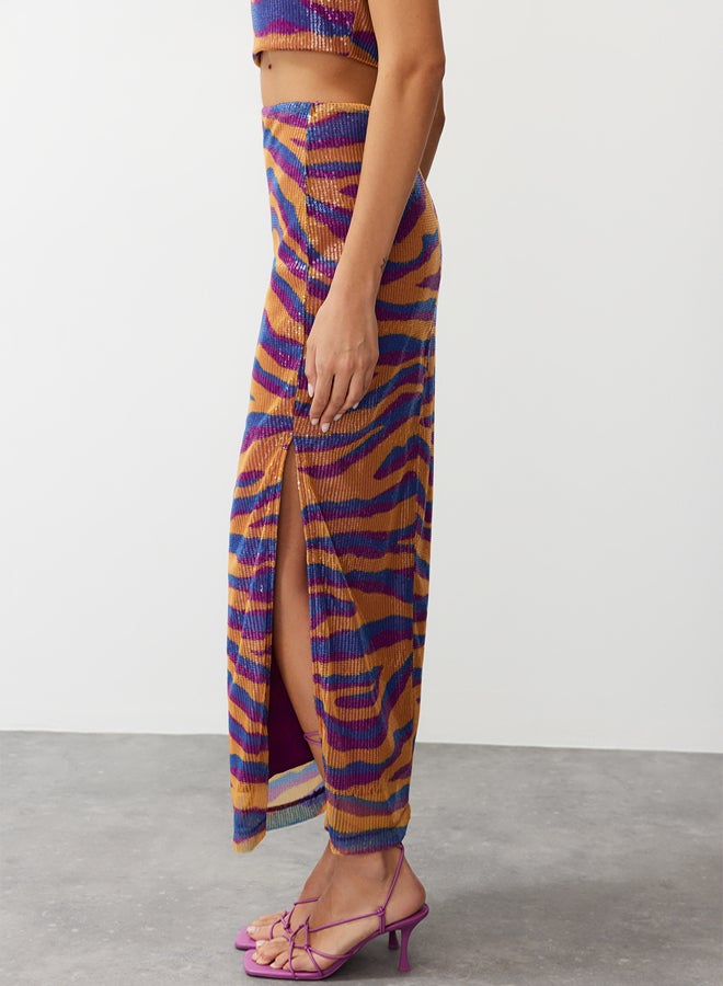 trendyol Multicolored Patterned, Fitted, Lined, Shiny Sequined Knitted Sequin Skirt  - Image 4