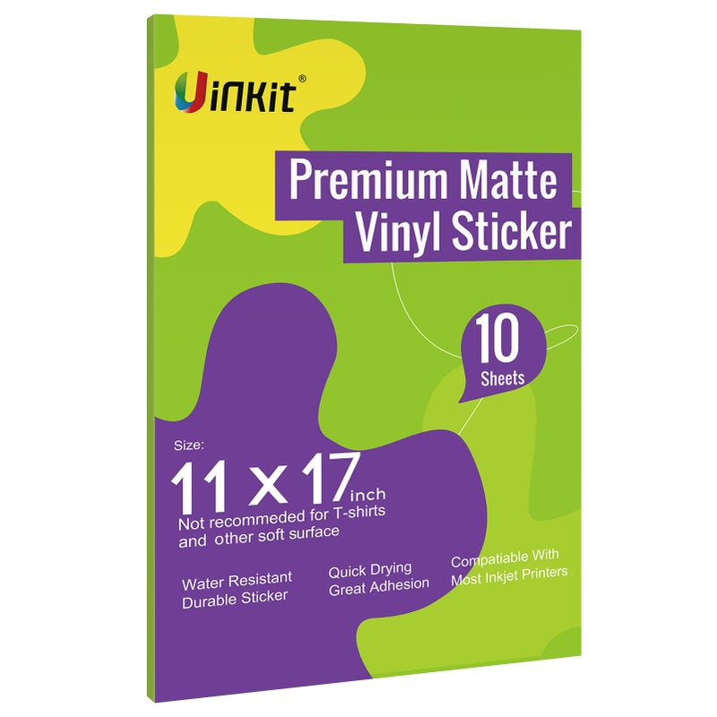 Uinkit Printable Premium Vinyl Sticker for Inkjet Printer 11x17 inch 10Sheets Matte White Sticker Paper Waterproof Adhesive Vivid Colors - Image 1