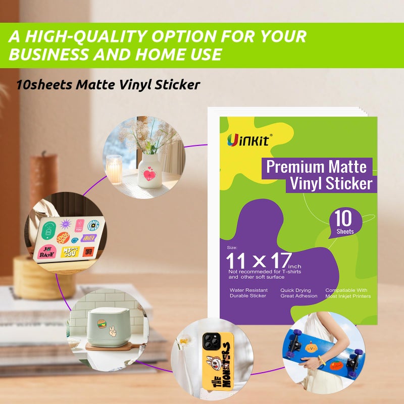 Uinkit Printable Premium Vinyl Sticker for Inkjet Printer 11x17 inch 10Sheets Matte White Sticker Paper Waterproof Adhesive Vivid Colors - Image 4