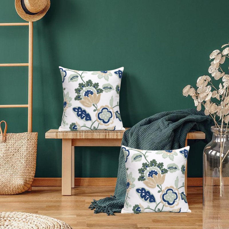 Pilmandu Pack of 2 Embroidered Decorative Throw Pillow Cover 18x18 Inch Farmhouse Floral Pillowcase for Living Room Sofa Bed (Dragon Flower-A) - Image 2