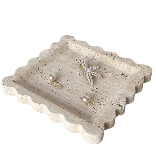 SAIDKOCC Vintage Natural Marble Tray Small Ornaments Scalloped Tray Handmade Storage Dish for Counter, Vanity, Dresser, Nightstand and Desk (Beige Travertine) - Image 2