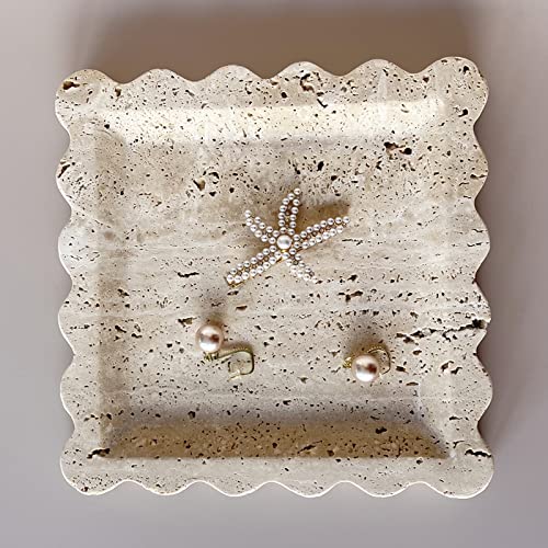 SAIDKOCC Vintage Natural Marble Tray Small Ornaments Scalloped Tray Handmade Storage Dish for Counter, Vanity, Dresser, Nightstand and Desk (Beige Travertine) - Image 4