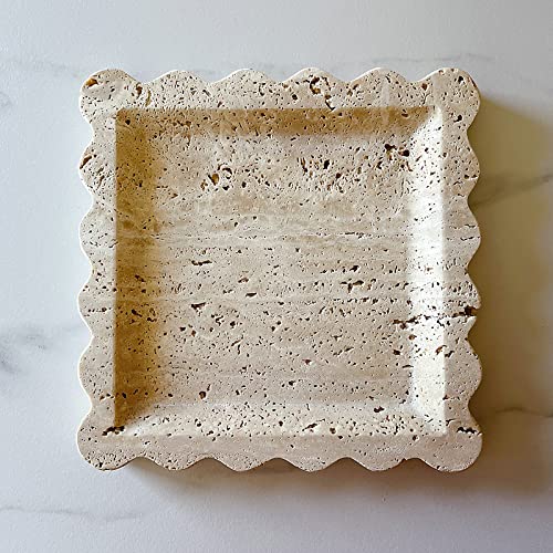 SAIDKOCC Vintage Natural Marble Tray Small Ornaments Scalloped Tray Handmade Storage Dish for Counter, Vanity, Dresser, Nightstand and Desk (Beige Travertine) - Image 3