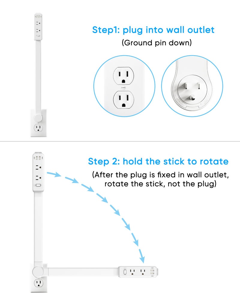 Olcorife Outlet Extender Stick, Power Strip with 6 Outlets & 4 USB Ports, Extends 22"-34", Rotates 180Â°(90Â° per Side), Home Dorm Essential for Nightstand, Couch and Desk - Image 4