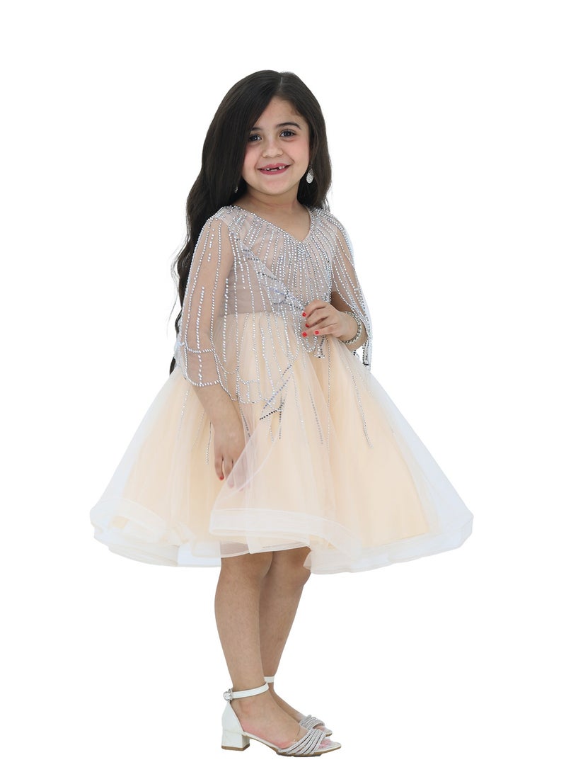 Modern Design A sophisticated beige girls' dress with an elegant embroidered veil and an elegant and attractive design suitable for special occasions. The dress is made of luxurious organza, which is a light and lo - Image 1