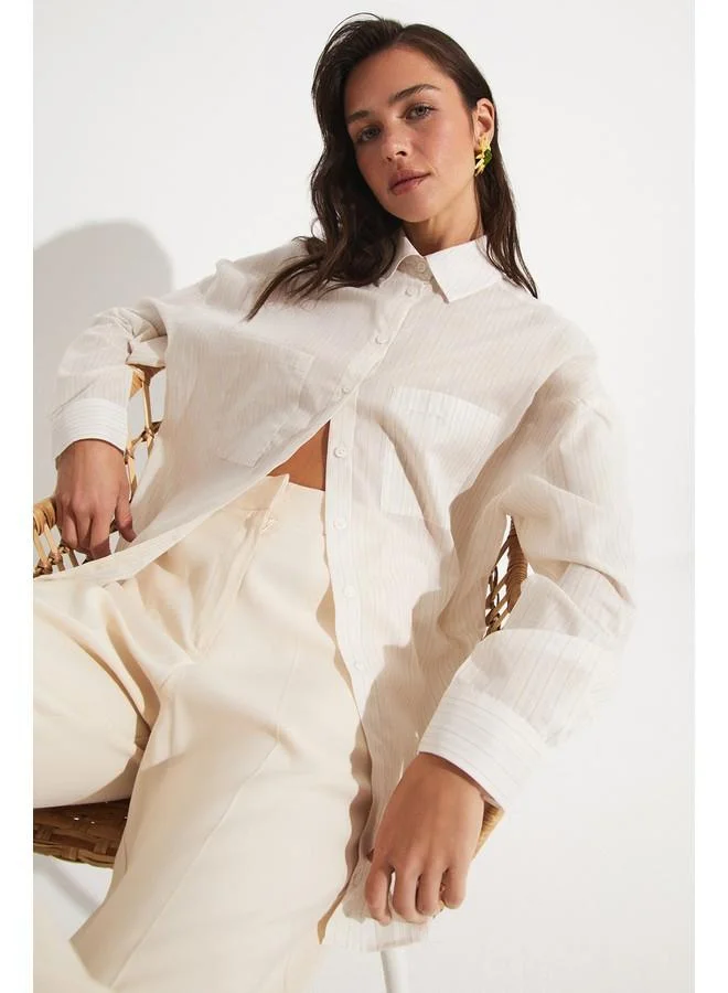 JUNE June Striped Pocket Detailed Cotton Shirt Ecru