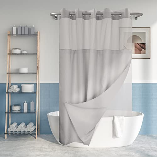 River Dream Long No Hook Slub Textured Shower Curtain with Snap-in PEVA Liner Set - 71" x 77"(75"), Hotel Style with See Through Top Window, Grey Fabric Curtain & Waterproof Liner, Gray, 71x77 - Image 1