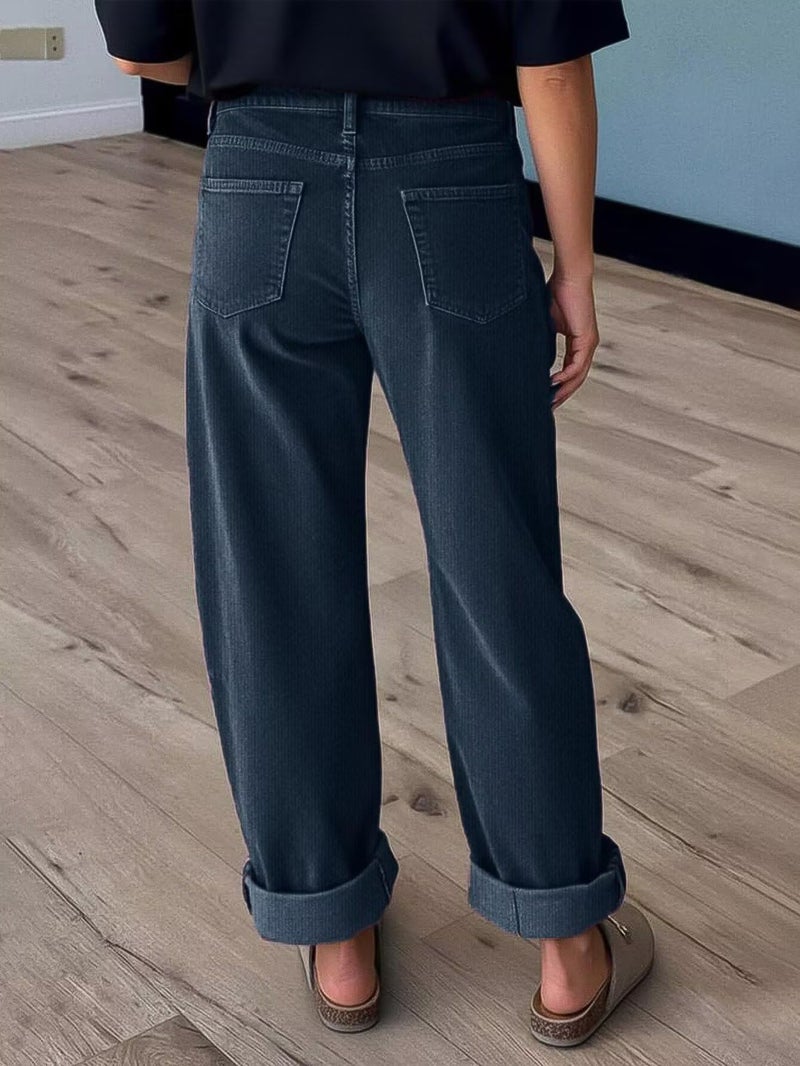Flamingals Wide Leg Jeans for Women Mid Waist Baggy Stitch Decor Denim Washed Pants Without Belt Midnight Dark Blue S - Image 4