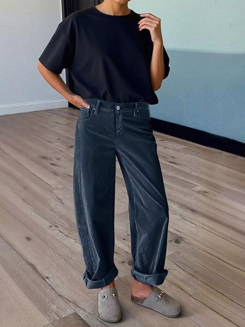 Flamingals Wide Leg Jeans for Women Mid Waist Baggy Stitch Decor Denim Washed Pants Without Belt Midnight Dark Blue S - Image 5