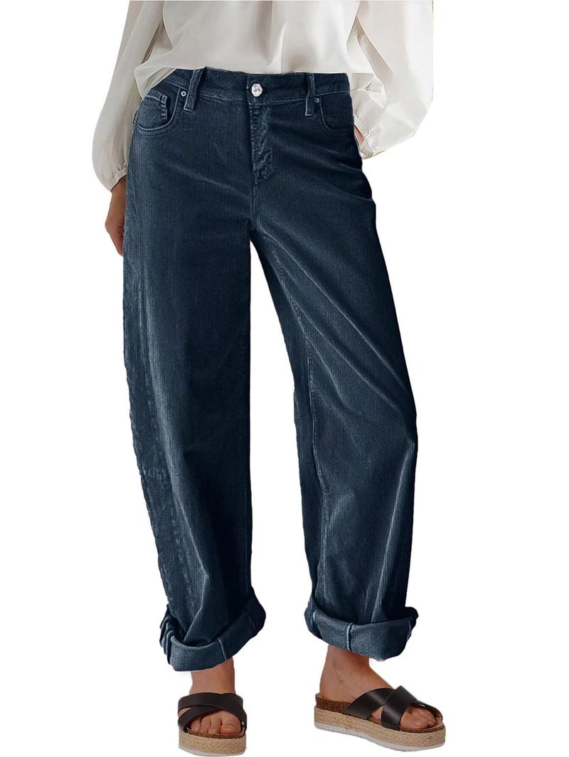 Flamingals Wide Leg Jeans for Women Mid Waist Baggy Stitch Decor Denim Washed Pants Without Belt Midnight Dark Blue S - Image 1