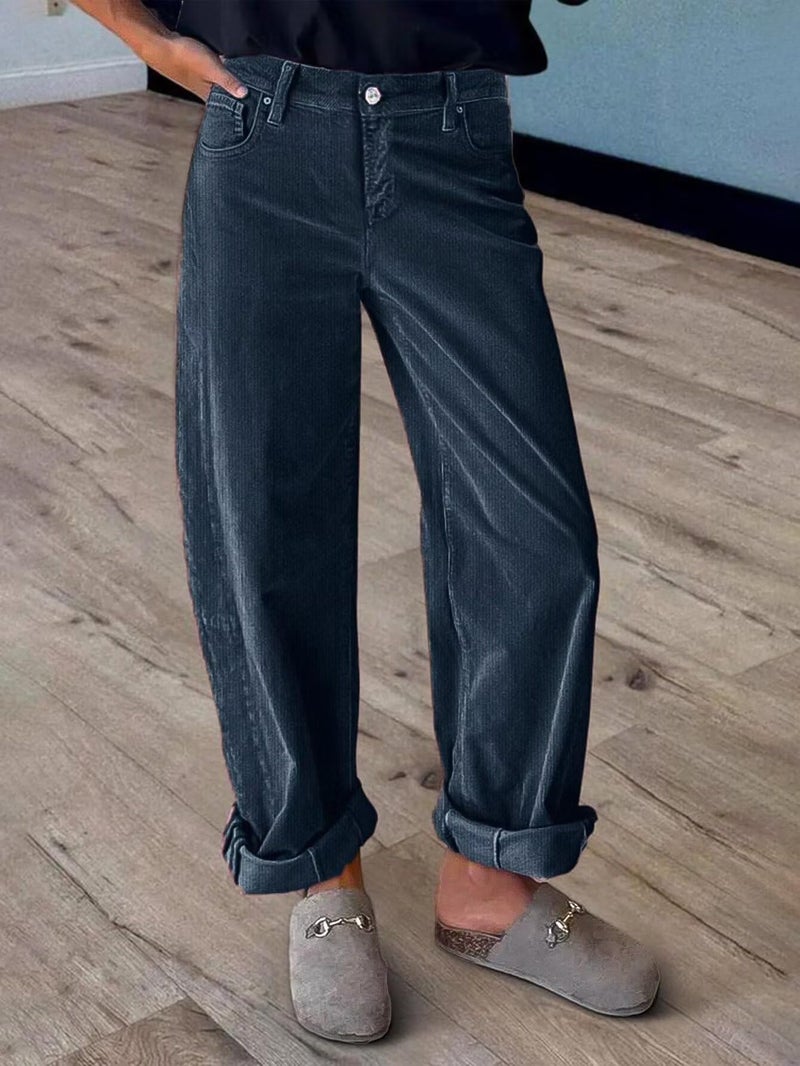 Flamingals Wide Leg Jeans for Women Mid Waist Baggy Stitch Decor Denim Washed Pants Without Belt Midnight Dark Blue S - Image 3
