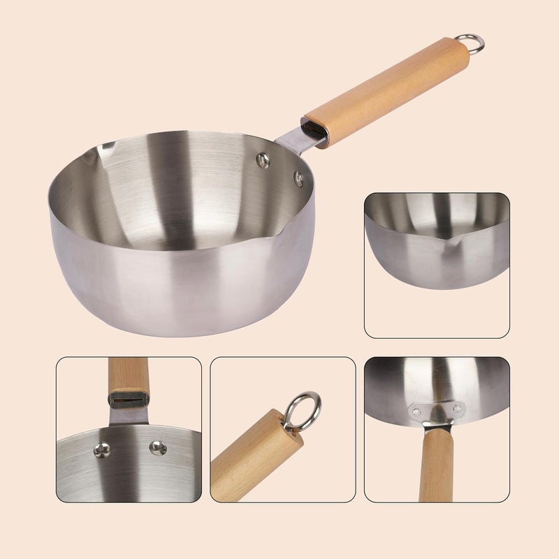 RETSPHIX Traditional Japanese Saucepan NonStick Aluminium Mil Sauce Pan Milk Pot with Wooden Handle Pouring Spout for Soup Noodles Sugar Chocolate Melting Pot Silver18CM1Pcs - Image 5
