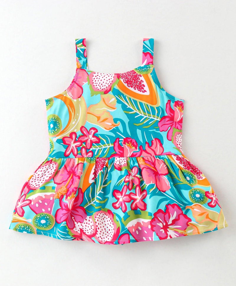GORLYA Girls Tropical Print Co-Ord Set | Sleeveless Peplum Top & Palazzo Pants | Cotton Summer Outfit for Kids | Festive, Holiday, Beach, and Everyday Look | All-Over Fruit & Floral Design - Image 3