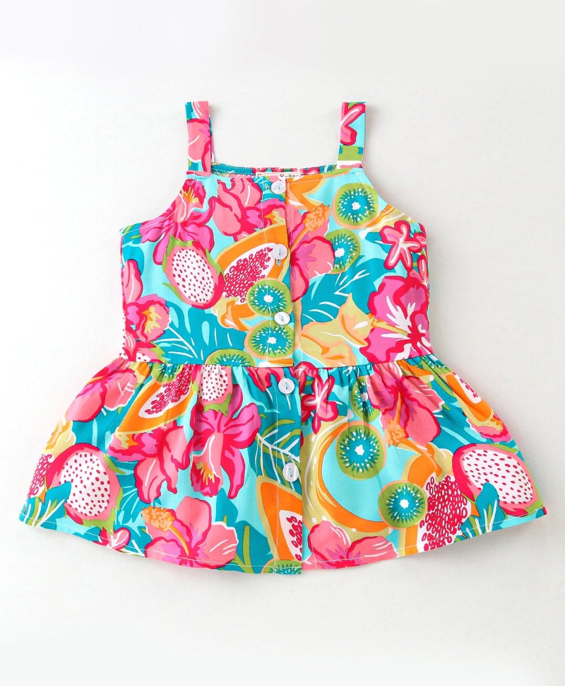 GORLYA Girls Tropical Print Co-Ord Set | Sleeveless Peplum Top & Palazzo Pants | Cotton Summer Outfit for Kids | Festive, Holiday, Beach, and Everyday Look | All-Over Fruit & Floral Design - Image 2