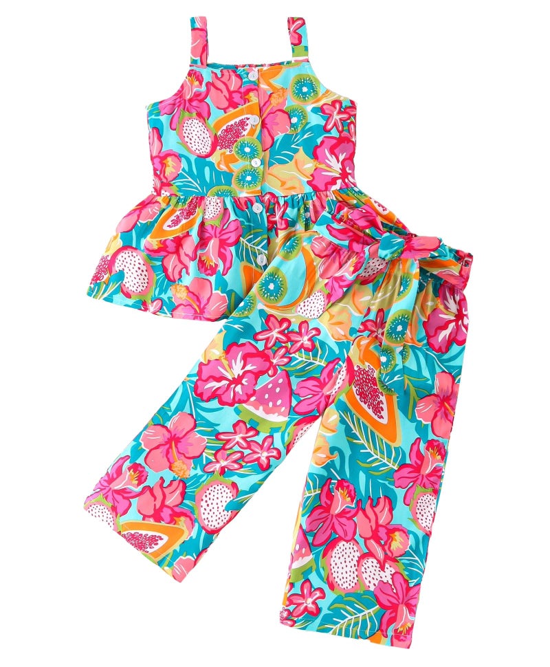 GORLYA Girls Tropical Print Co-Ord Set | Sleeveless Peplum Top & Palazzo Pants | Cotton Summer Outfit for Kids | Festive, Holiday, Beach, and Everyday Look | All-Over Fruit & Floral Design - Image 1