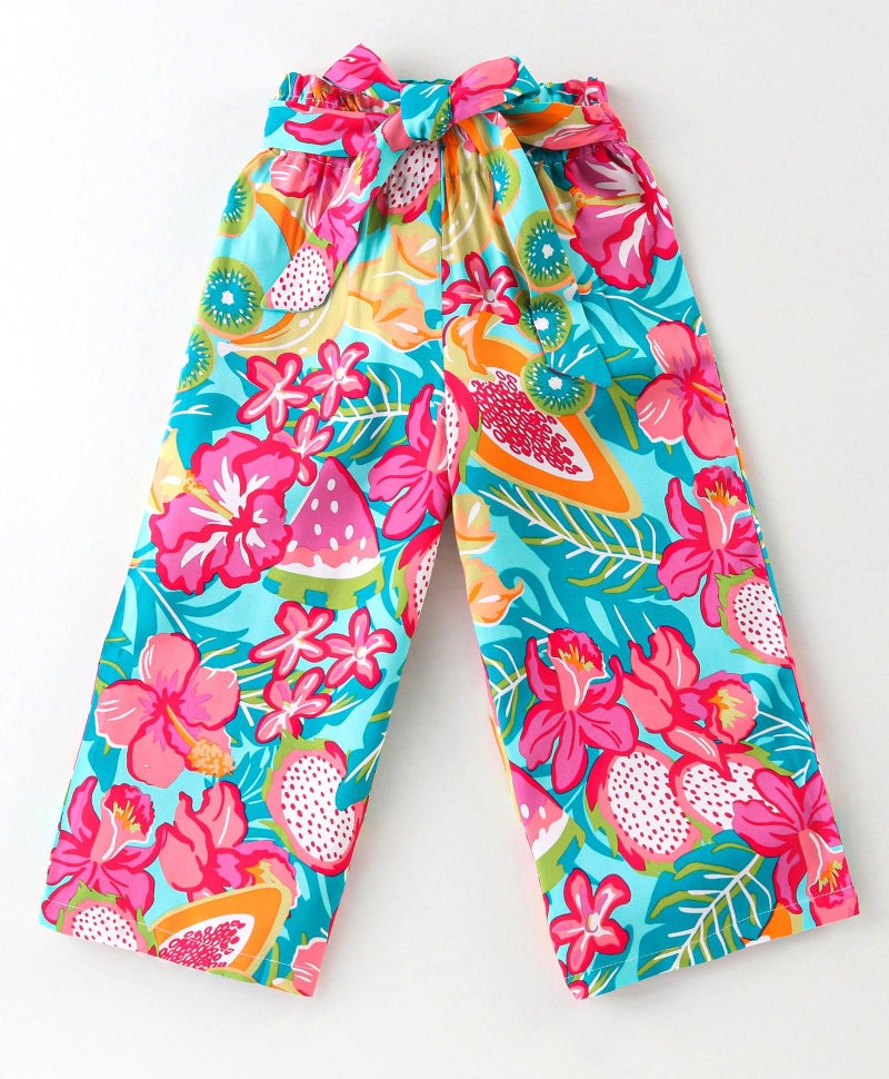 GORLYA Girls Tropical Print Co-Ord Set | Sleeveless Peplum Top & Palazzo Pants | Cotton Summer Outfit for Kids | Festive, Holiday, Beach, and Everyday Look | All-Over Fruit & Floral Design - Image 4
