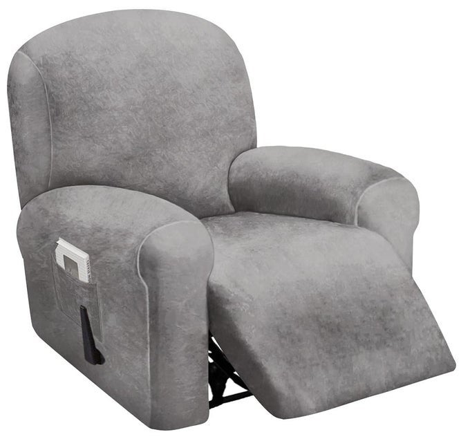 4PIECE 1 SEAT RECLINER COVER VELVET STRETCH RECLINING CHAIR COVERS FOR 1 CUSHION RECLINING SOFA SINGLE SEAT RECLINER COUCH COVER THICK VERY SOFT MACHINE WASHABLE LIGHT GREY