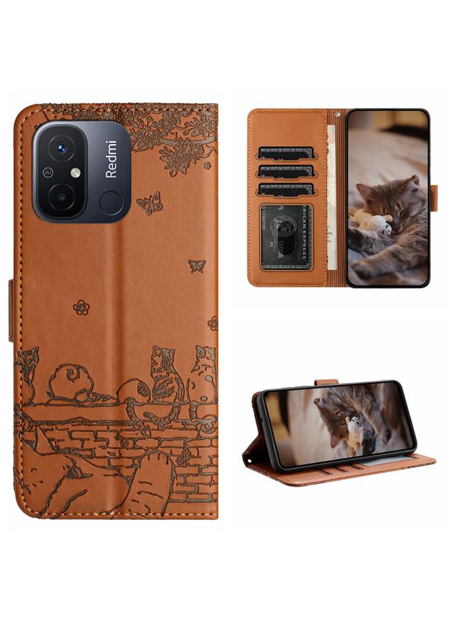 Case For Xiaomi Redmi 12C / 11A Cat Embossing Pattern Leather Phone Case with Lanyard