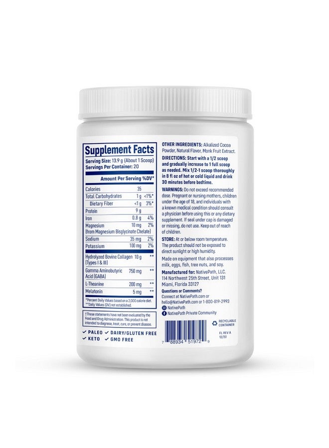 NativePath Collagen PM - Chocolate Nighttime Collagen Peptides Powder with Magnesium, GABA, L-Theanine and Melatonin - 20 Servings - Image 3