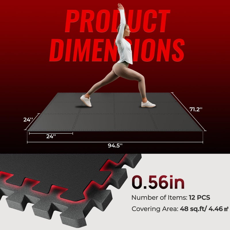 SUPERJARE 0.56'' Thick 12 Pcs 48 Sq Ft Rubber Top Exercise Equipment Mats, High Density EVA Foam Mats with Rubber Top, Interlocking Gym Flooring for Home Gym, Protective Workout Mat, Black - Image 3