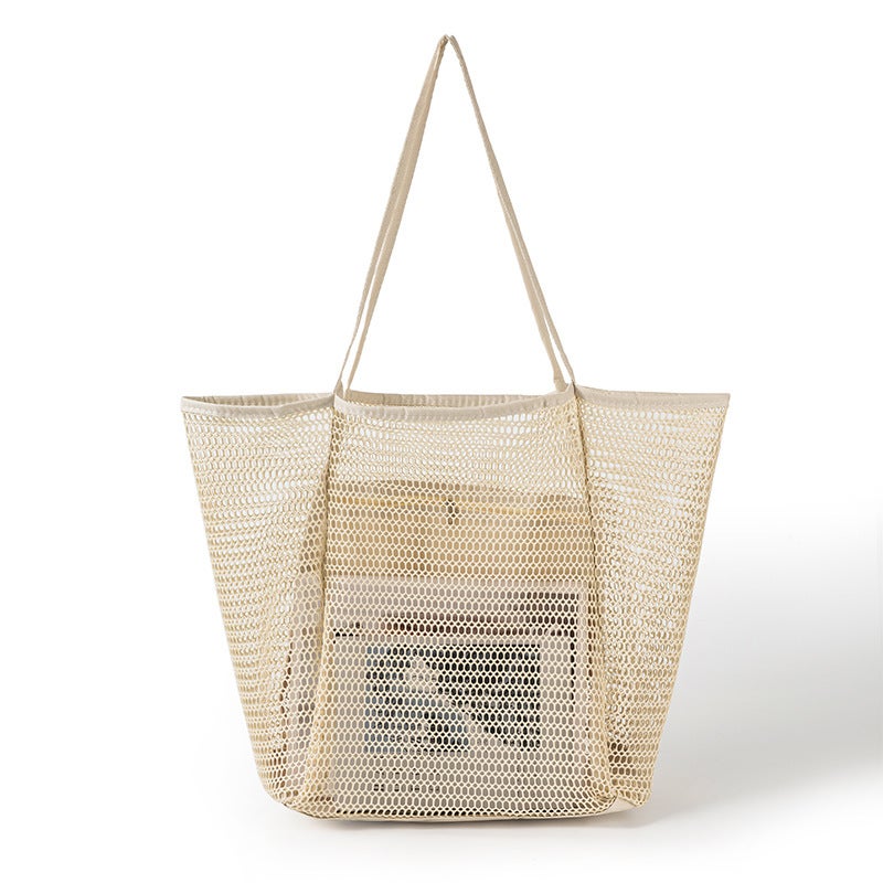Multi-functional Casual Large Shoulder Shopping Bag Outdoor Swimming Beach Bag Breathable Visual Mesh Tote Bag Storage Bag Beige White 