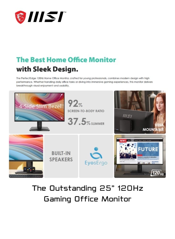 إم اس أي PRO MP251 E2 | 25 Inch 1920 x 1080 Full HD Gaming Office Monitor | IPS Panel, Borderless, 120Hz | Eye-Friendly, Built-in Speakers, Tilt-Adjustable | HDMI, DisplayPort, VGA Port, VESA Mountable | Black | 9S6-3PD2CM-001 - Image 2