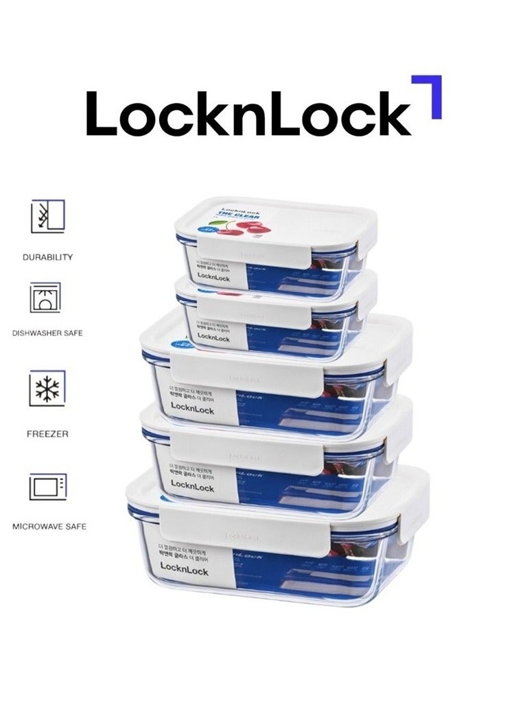 LocknLock Clear Glass Rectangular Food Container 5-pcs Set, White – Airtight, Oven & Microwave Safe