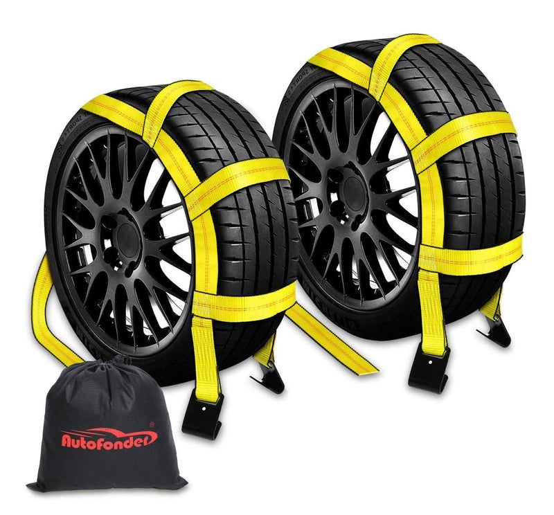 Autofonder 2Pc Tow Dolly Basket Straps with Flat Hook for 1417 Tires 10000 lbs Breaking Strength Tire BonnetTire Net 2 Over Wheel Car Basket Tie Down Straps with Carrying Bag