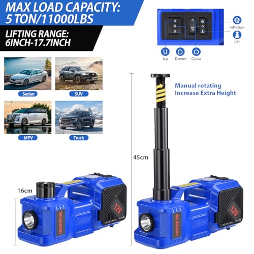 BENYAN Electric Car Jack kit 5 Ton 12V Electric Floor Jack Lift for Vehicle, Electric Hydraulic Jack Auto Repair Tool Set with Built-in Inflator and Impact Wrench for SUV Sedan Truck Tire Change Blue - Image 2